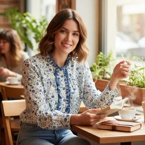 Mary Marshmallow Womens Floral Blouse Ruffle Trim Long Sleeve Cotton‎ Blue Green